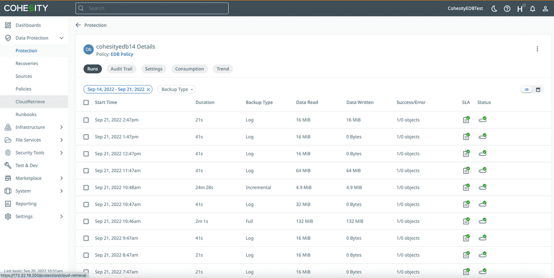 Cohesity Protection Page Overview